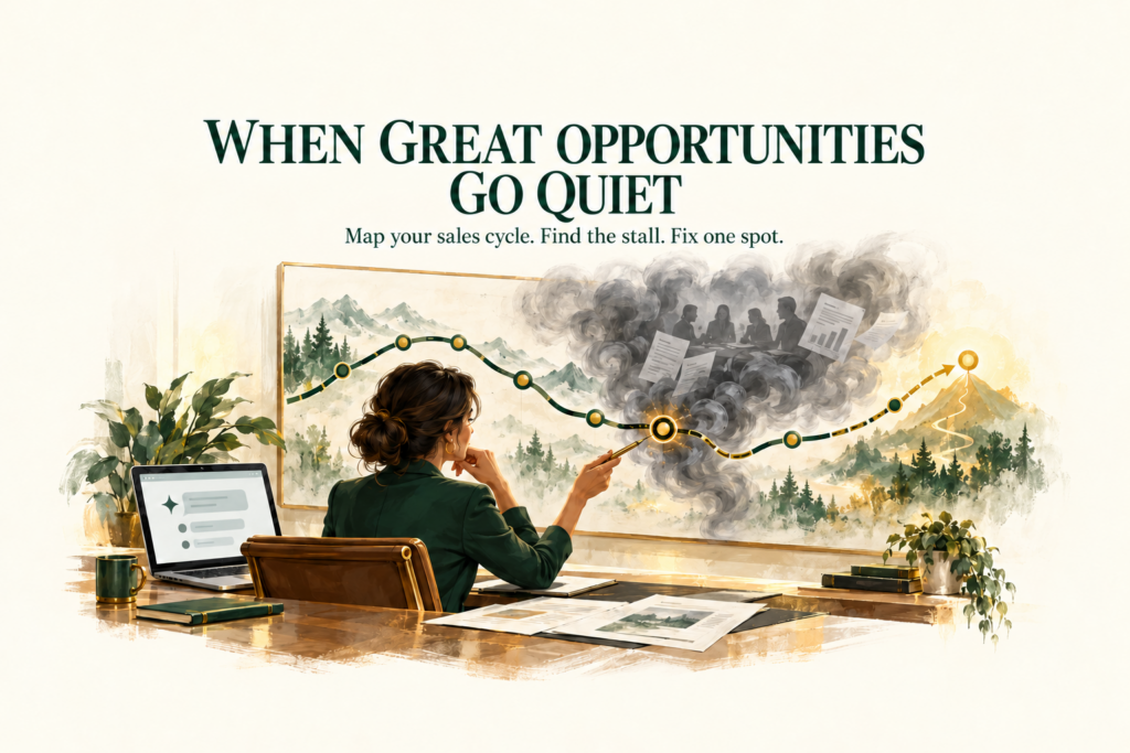 Woman examining a sales cycle map with a smoke-covered stall point and hidden buying committee. Text reads: “When Great Opportunities Go Quiet. Map your sales cycle. Find the stall. Fix one spot.”